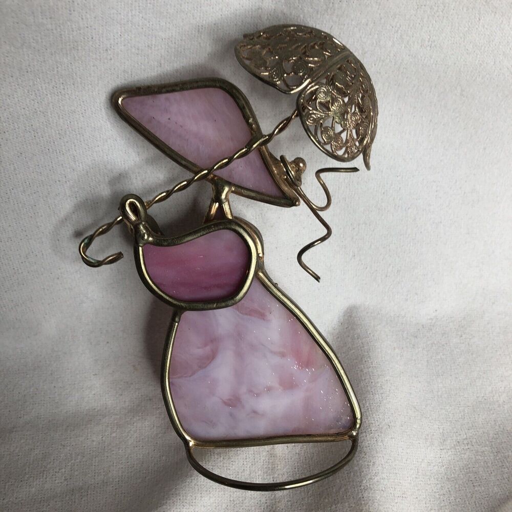 Pink Stained Glass 4" Girl with Umbrella ☂️ ~ CUTE!!